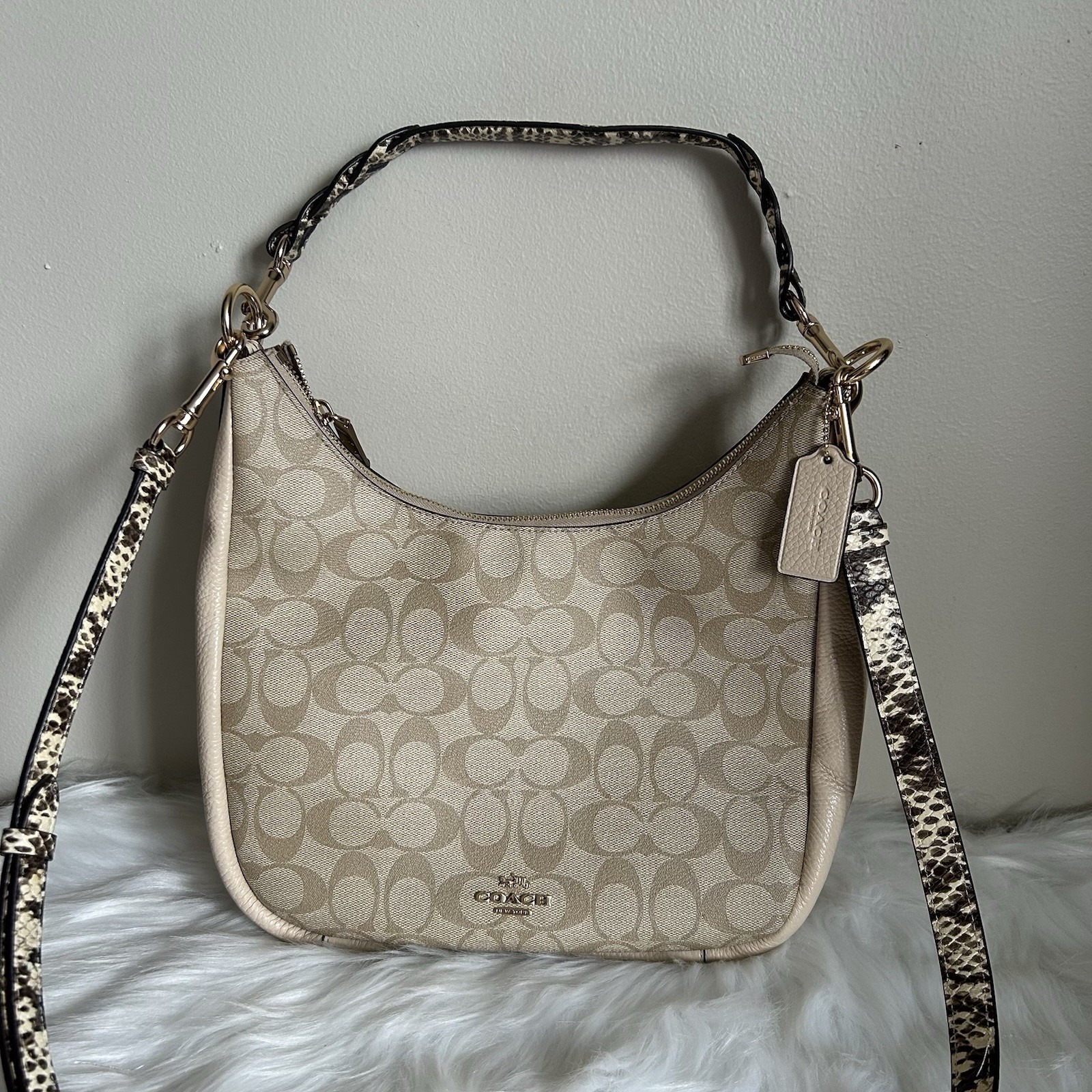 Coach Jules Hobo Khaki Chalk White Canvas Leather Shoulder Bag Excellent